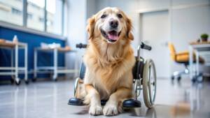 Happy dog with a disabled leg using a wheelchair at the vet clinic